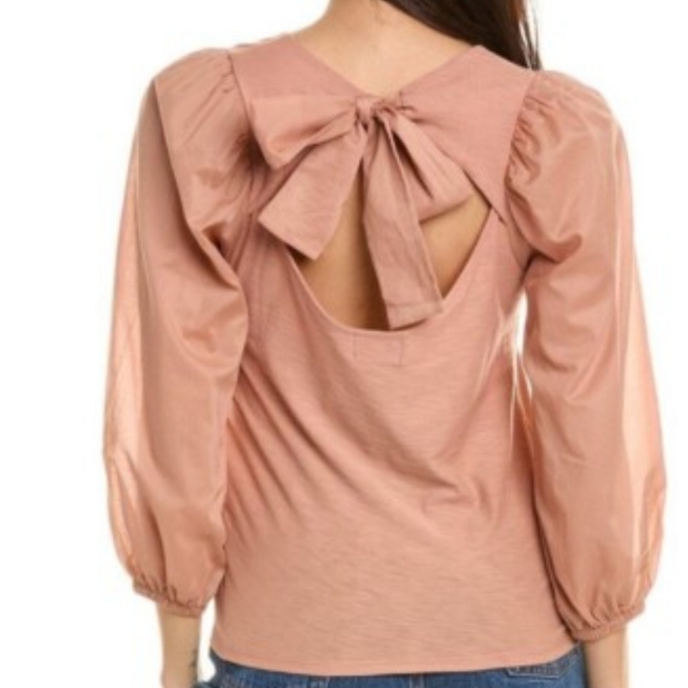NWT Nation LTD Bisou Bow Back Top Puff Sleeve Pima Cotton Mauve Size L